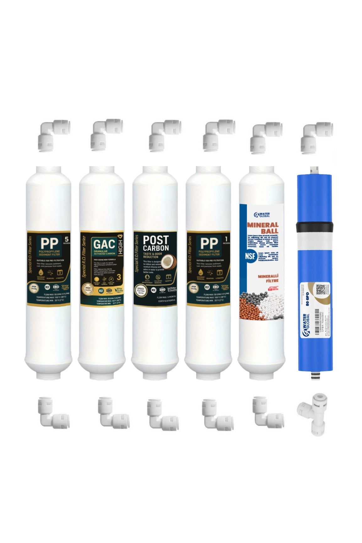 Water Global 6’lı Su Arıtma Filtresi Seti – Dirsek Hediye! - Kapalı Kasa Uyumlu - Ters Ozmos 80GPD