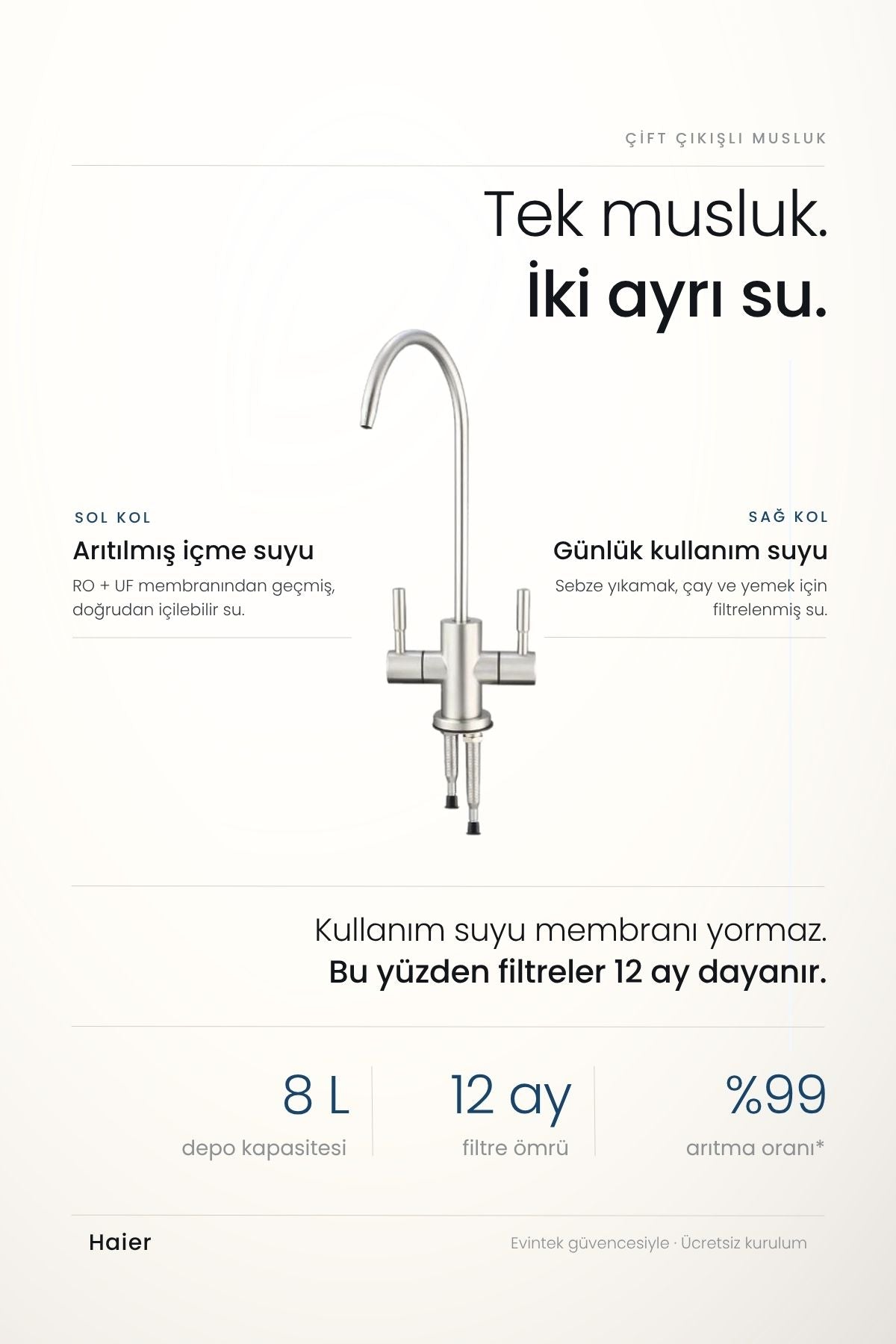 Su arıtma cihazının çift çıkışlı paslanmaz musluğu — sol koldan arıtılmış içme suyu, sağ koldan günlük kullanma suyu