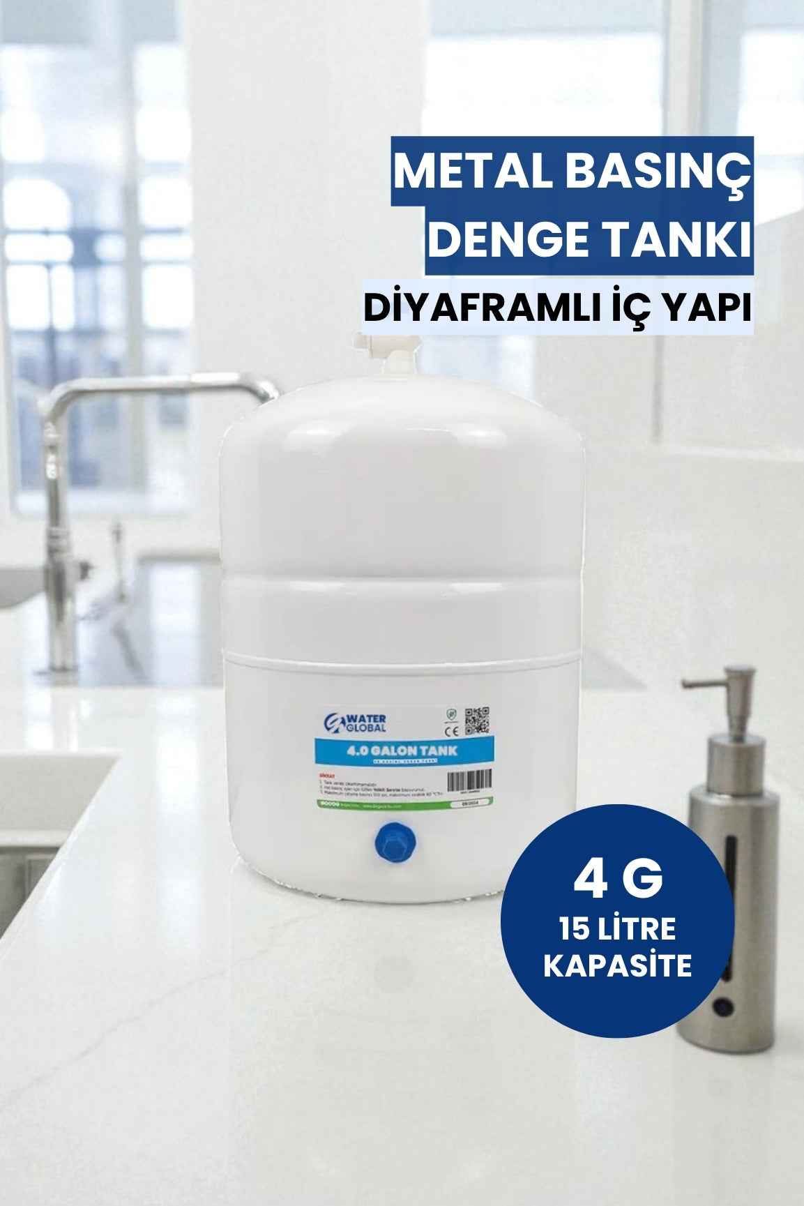 4 Galon (15 Litre) Metal Basınç Denge Tankı – Tüm Su Arıtma Cihazlarıyla Uyumlu (Üreticiden)