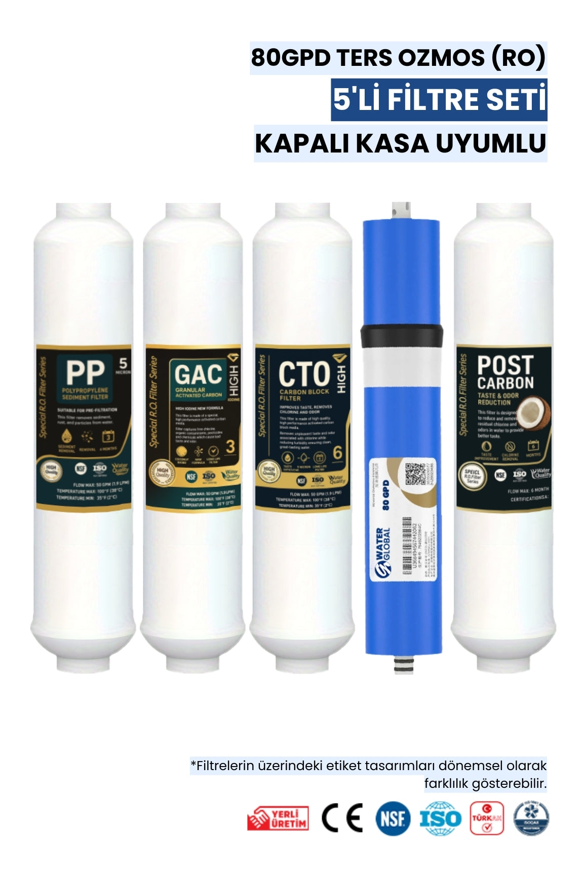 Water Global 5’li Kapalı Kasa Filtre Seti | 80 Gpd Membran | Coconut Post Karbon (Üreticiden)