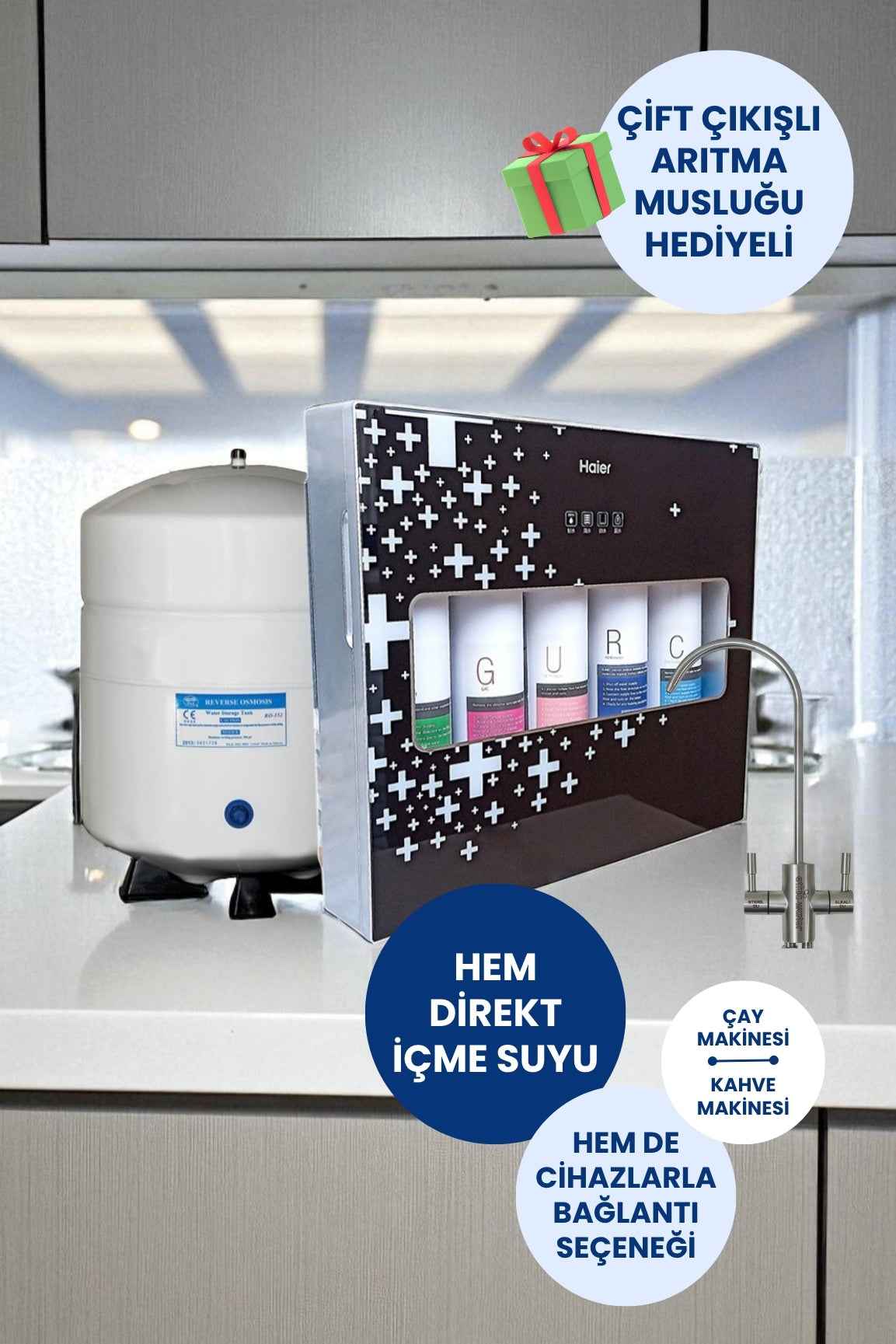 Haier Çift Akışlı Su Arıtma Cihazı | 100GPD RO Sistem - Ters Ozmoz | Slim Kasa - Yüksek Performans