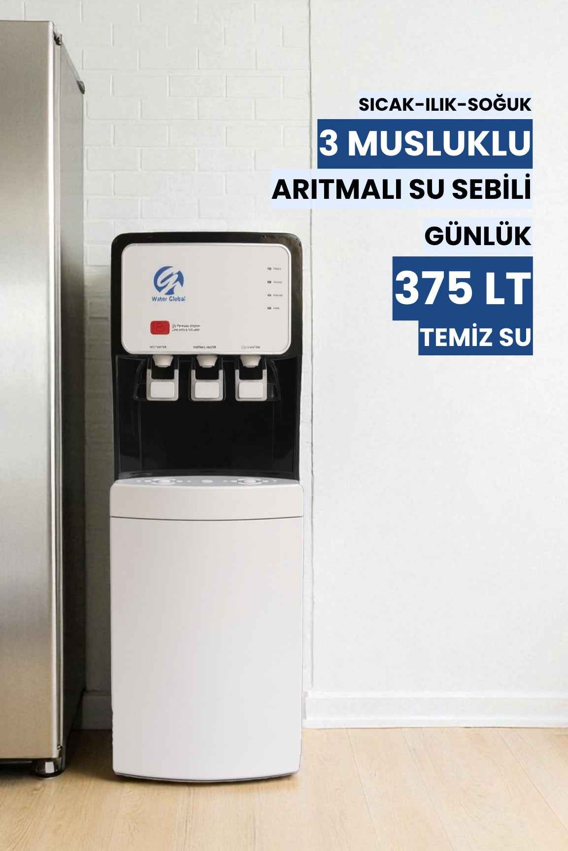 Arıtmalı Su Sebili 100 GPD RO - Sıcak, Ilık ve Soğuk Su - 3 Musluklu Beyaz (Üreticiden)