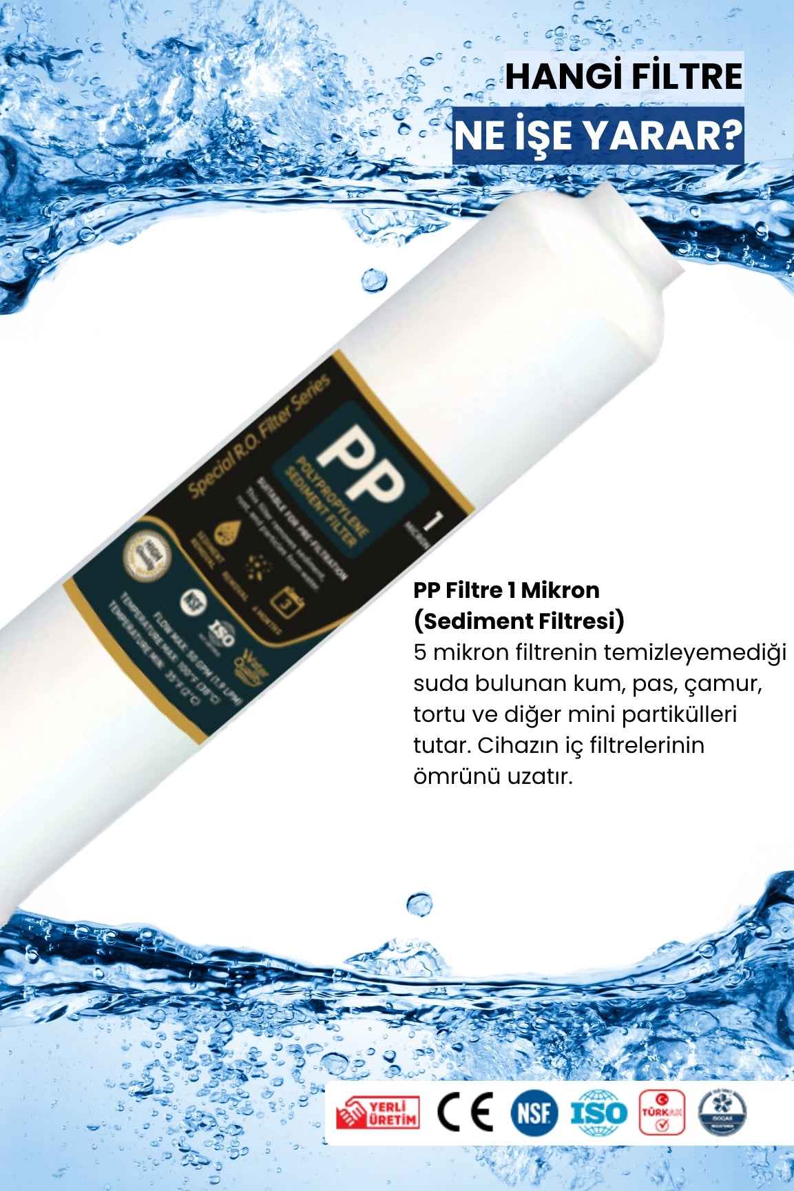 1 Mikron Sediment Filtre – NSF Sertifikalı, Yüksek Hassasiyetli Su Arıtma Filtresi