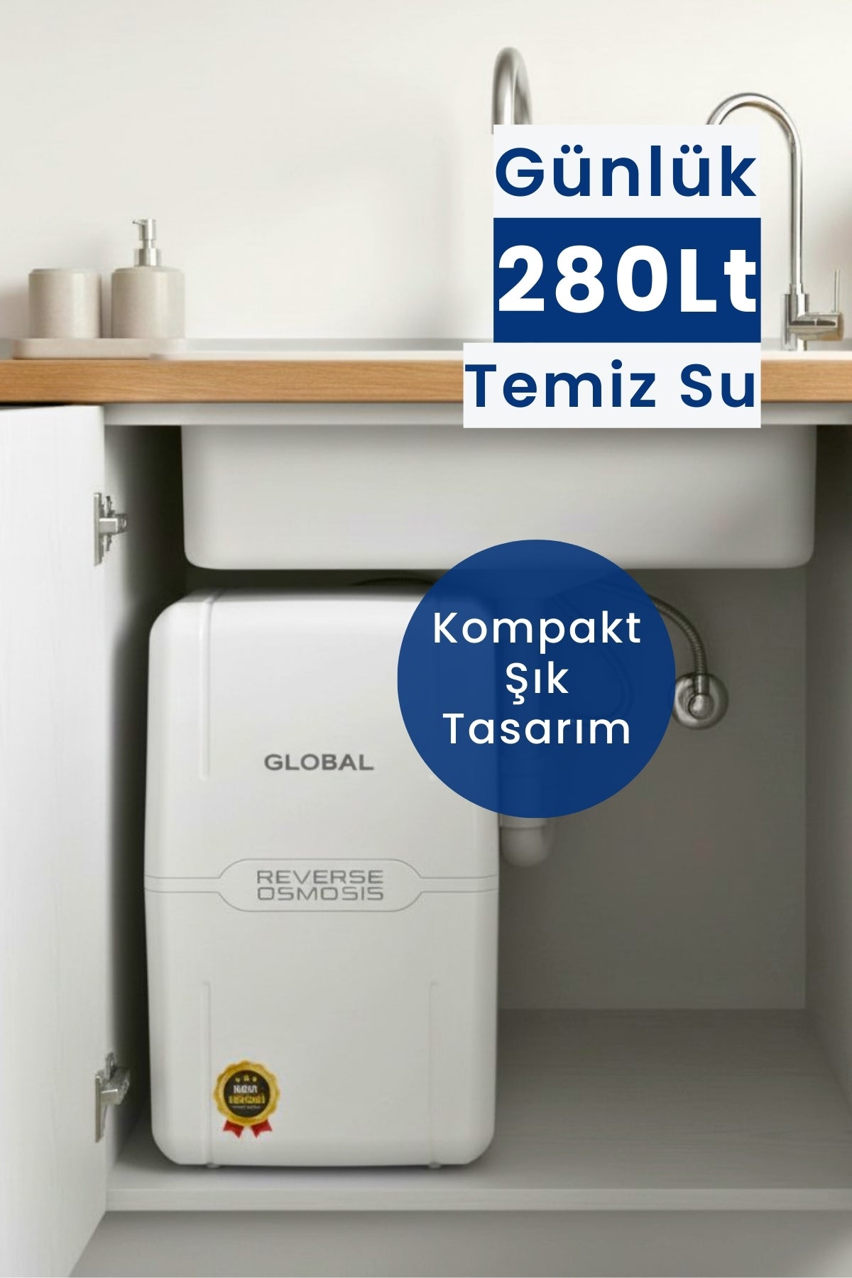 Water Global Su Arıtma Cihazı Kapalı Kasa | RO Ters Ozmos Sistem | Dahili 8L Çelik Tank | Beyaz (Üreticiden)