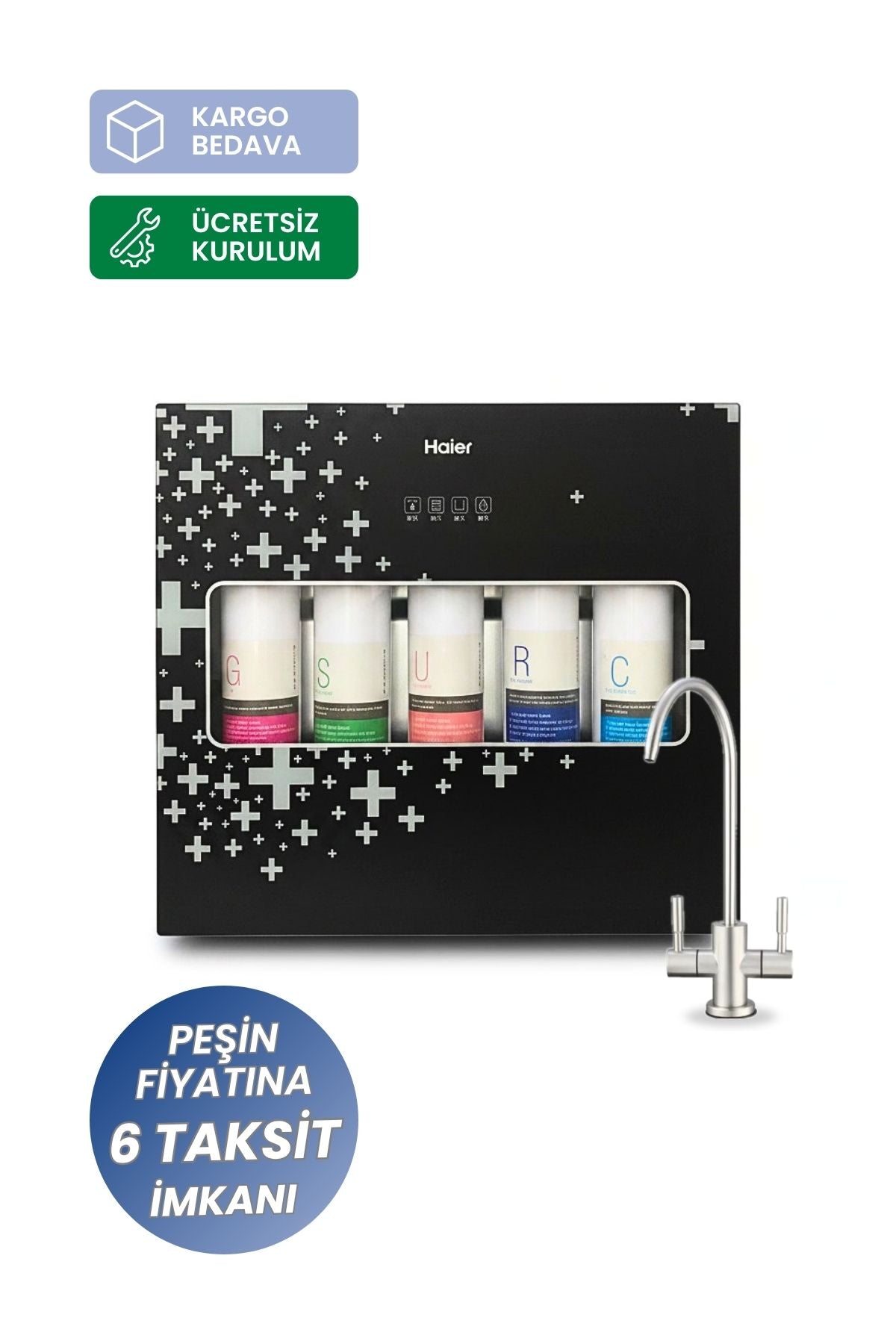 Haier çift akışlı su arıtma cihazı — siyah cam panelli tezgah altı 100 GPD ters ozmoz sistem ve paslanmaz çift çıkışlı musluk