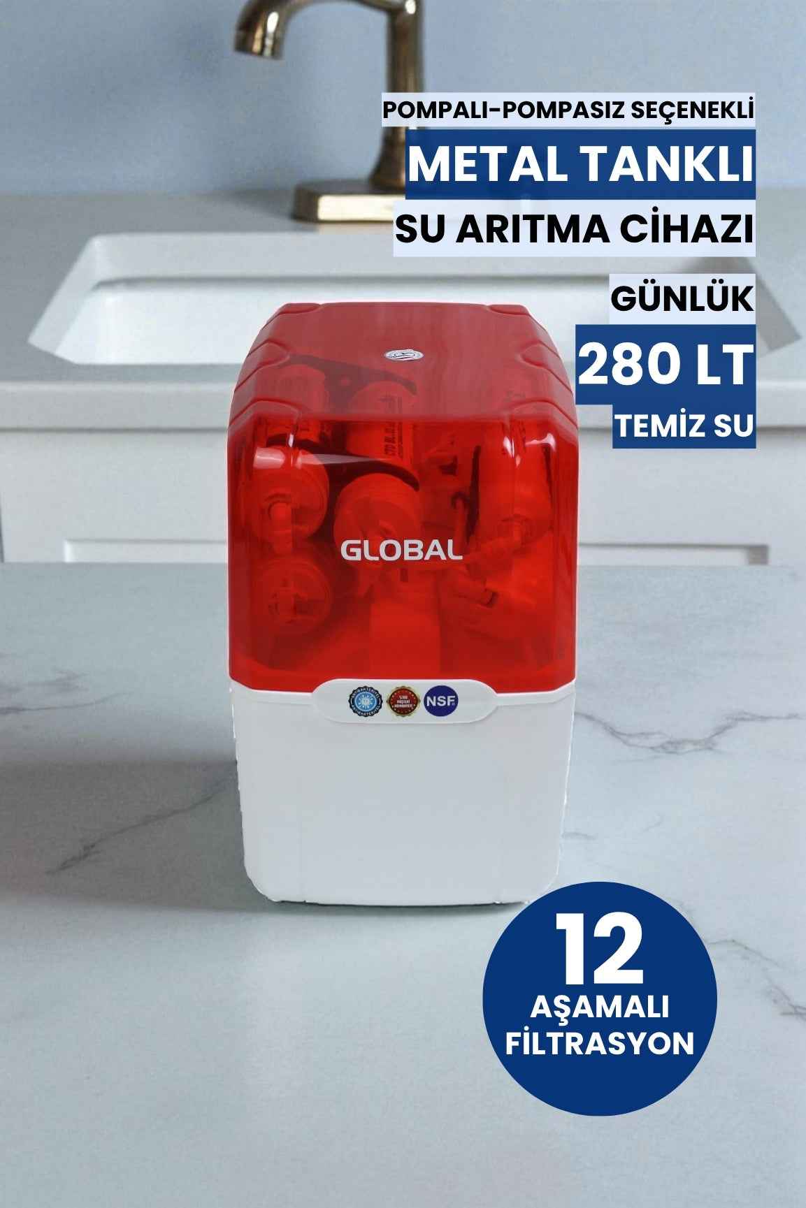 Pompalı Su Arıtma Cihazı 12lt Kapalı Kasa - 5 Filtreli Ters Ozmoz Sistemi - Kırmızı (Üreticiden)