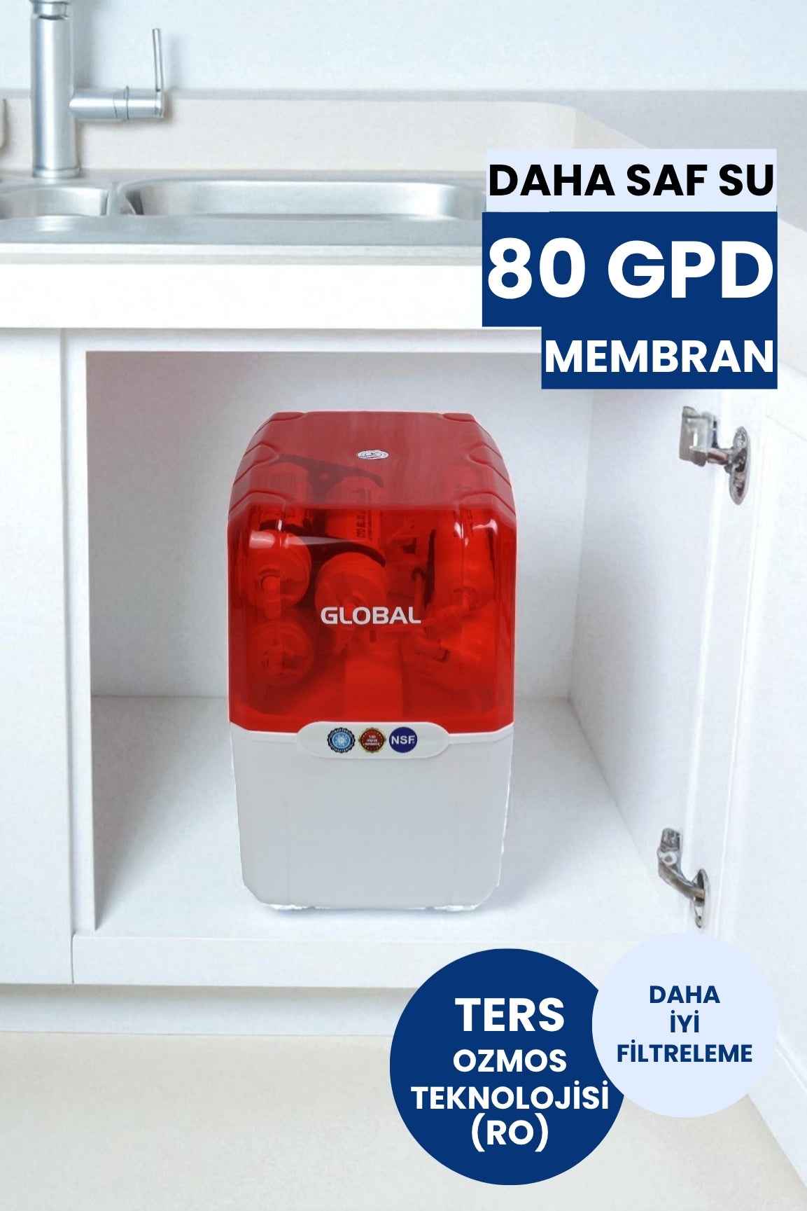 Su Arıtma Cihazı 12lt Kapalı Kasa - Tezgah Altı Su Arıtma Cihazı - 5 Filtreli RO Sistem - Kırmızı