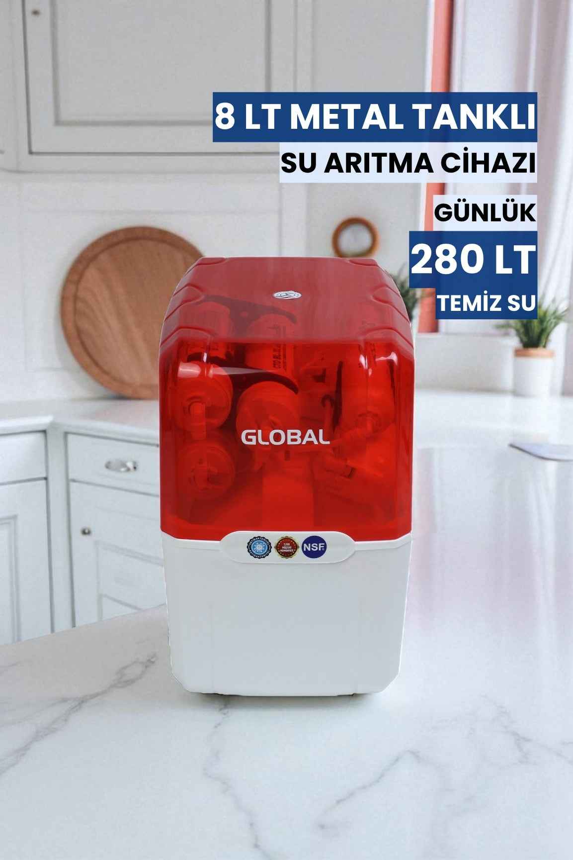 Su Arıtma Cihazı 12lt Kapalı Kasa - Tezgah Altı Su Arıtma Cihazı - 5 Filtreli RO Sistem - Kırmızı